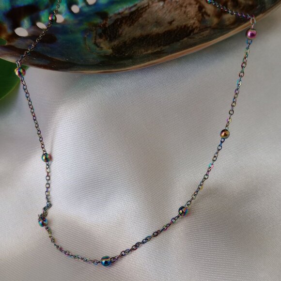 Rainbow-Tone Stainless Steel Round Bead Chain Necklace - Picture 4 of 6